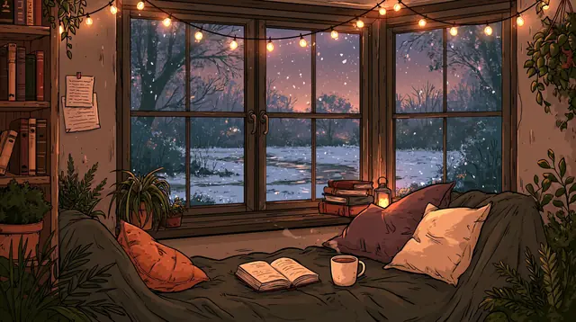 Cozy reading nooks · Moody cartoon 3 — free moody cartoon lofi background, cozy reading nooks