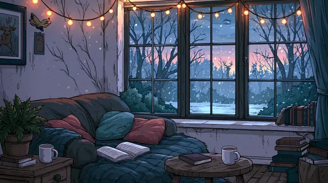 Cozy reading nooks · Moody cartoon 4 — free moody cartoon lofi background, cozy reading nooks