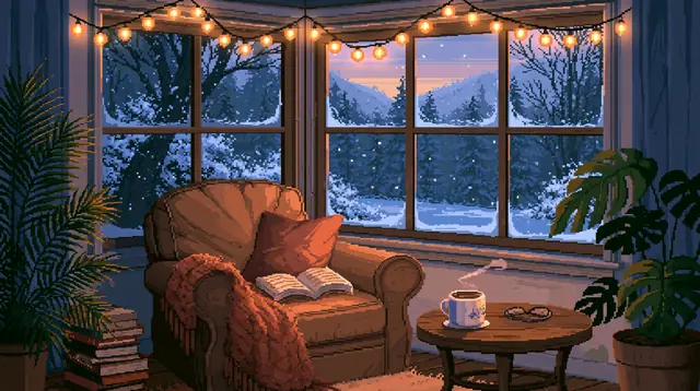 Cozy reading nooks · Pixel art 2 — free pixel art lofi background, cozy reading nooks