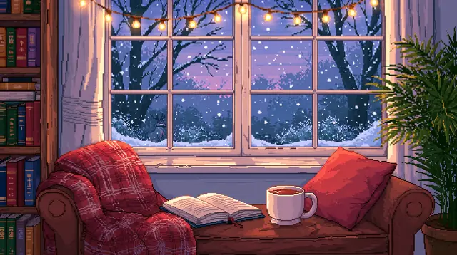 Cozy reading nooks · Pixel art 4 — free pixel art lofi background, cozy reading nooks
