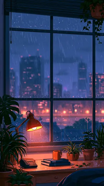 Rainy night bedrooms · Kawaii cartoon 1 — free kawaii cartoon lofi background, rainy night bedrooms