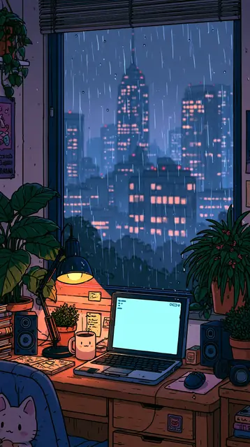 Rainy night bedrooms · Kawaii cartoon 2 — free kawaii cartoon lofi background, rainy night bedrooms