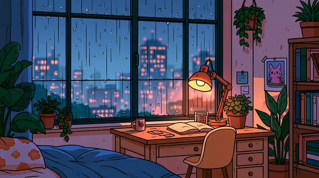 Rainy night bedrooms · Kawaii cartoon 3 — free kawaii cartoon lofi background, rainy night bedrooms