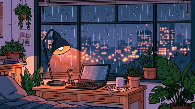 Rainy night bedrooms · Kawaii cartoon 4 — free kawaii cartoon lofi background, rainy night bedrooms