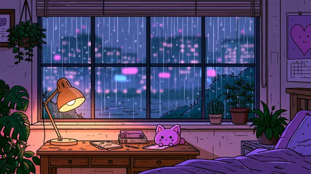 Rainy night bedrooms · Kawaii cartoon 5 — free kawaii cartoon lofi background, rainy night bedrooms