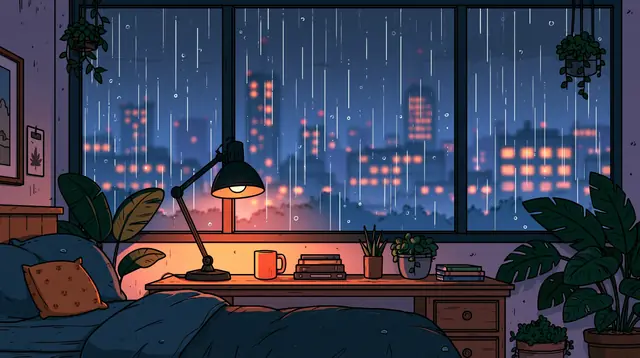 Rainy night bedrooms · Kawaii cartoon 6 — free kawaii cartoon lofi background, rainy night bedrooms