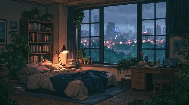 Rainy night bedrooms · Lofi anime 5 — free lofi anime lofi background, rainy night bedrooms