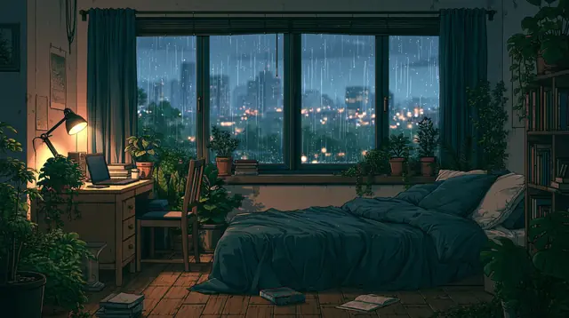 Rainy night bedrooms · Lofi anime 6 — free lofi anime lofi background, rainy night bedrooms