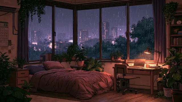 Rainy night bedrooms · Lofi anime 7 — free lofi anime lofi background, rainy night bedrooms