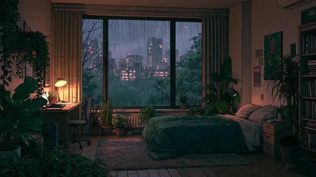Rainy night bedrooms · Lofi anime 8 — free lofi anime lofi background, rainy night bedrooms
