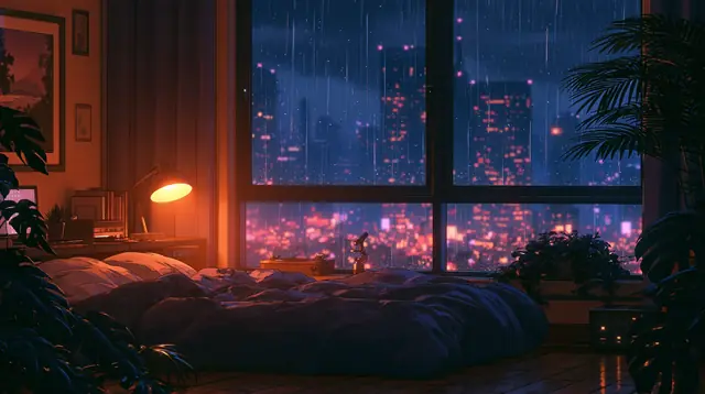 Rainy night bedrooms · Lofi anime 10 — free lofi anime lofi background, rainy night bedrooms