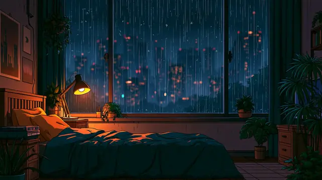 Rainy night bedrooms · Lofi anime 11 — free lofi anime lofi background, rainy night bedrooms