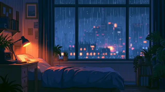 Rainy night bedrooms · Lofi anime 12 — free lofi anime lofi background, rainy night bedrooms