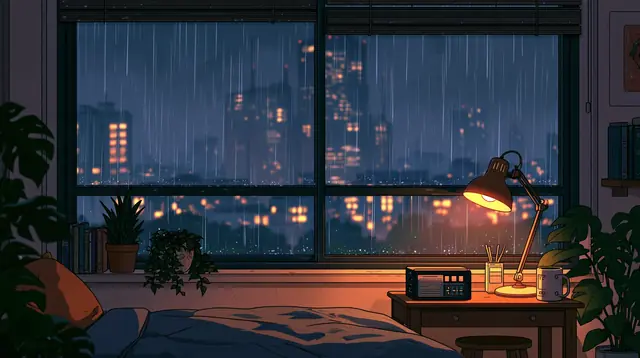 Rainy night bedrooms · Lofi anime 13 — free lofi anime lofi background, rainy night bedrooms