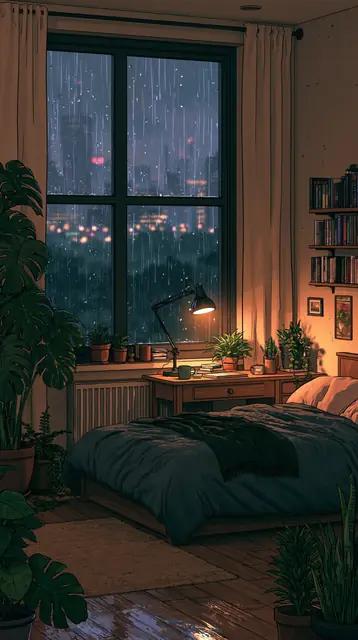 Rainy night bedrooms · Moody cartoon 1 — free moody cartoon lofi background, rainy night bedrooms