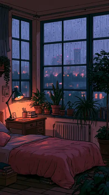 Rainy night bedrooms · Moody cartoon 2 — free moody cartoon lofi background, rainy night bedrooms