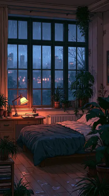 Rainy night bedrooms · Moody cartoon 3 — free moody cartoon lofi background, rainy night bedrooms