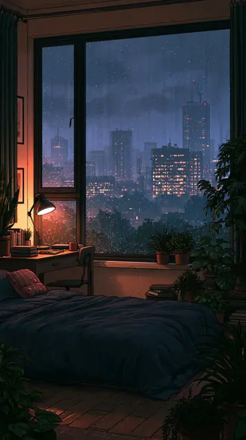 Rainy night bedrooms · Moody cartoon 4 — free moody cartoon lofi background, rainy night bedrooms