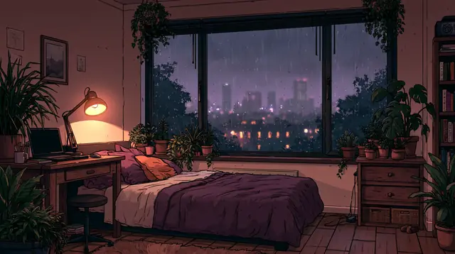 Rainy night bedrooms · Moody cartoon 5 — free moody cartoon lofi background, rainy night bedrooms
