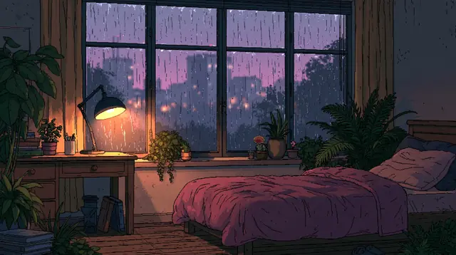 Rainy night bedrooms · Moody cartoon 6 — free moody cartoon lofi background, rainy night bedrooms
