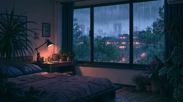 Rainy night bedrooms · Moody cartoon 7 — free moody cartoon lofi background, rainy night bedrooms