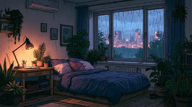 Rainy night bedrooms · Moody cartoon 8 — free moody cartoon lofi background, rainy night bedrooms