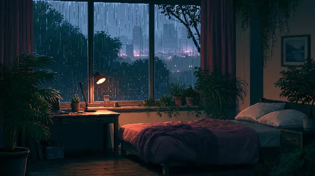 Rainy night bedrooms · Pixel art 1 — free pixel art lofi background, rainy night bedrooms