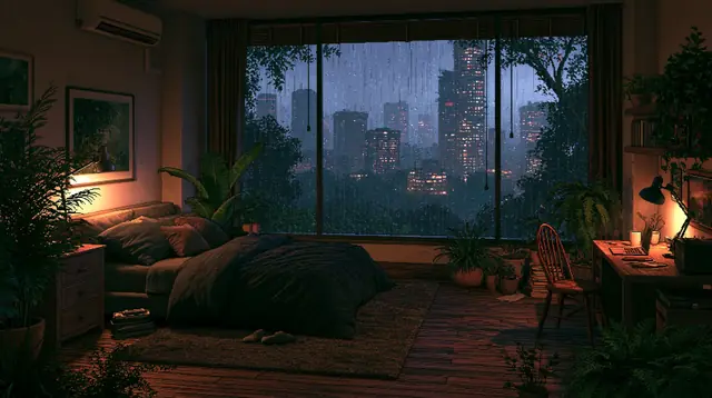 Rainy night bedrooms · Pixel art 2 — free pixel art lofi background, rainy night bedrooms