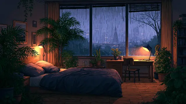 Rainy night bedrooms · Pixel art 3 — free pixel art lofi background, rainy night bedrooms