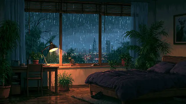 Rainy night bedrooms · Pixel art 4 — free pixel art lofi background, rainy night bedrooms