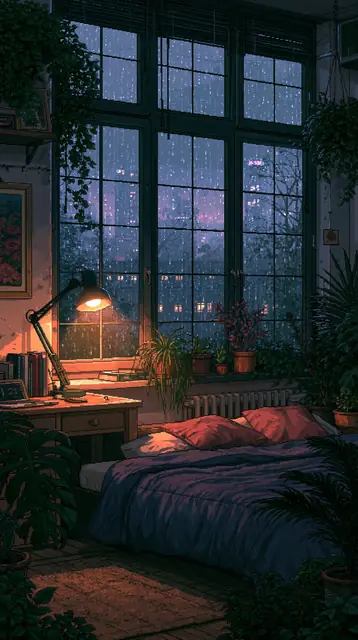 Rainy night bedrooms · Pixel art 5 — free pixel art lofi background, rainy night bedrooms