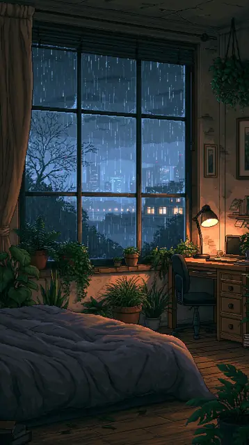 Rainy night bedrooms · Pixel art 8 — free pixel art lofi background, rainy night bedrooms