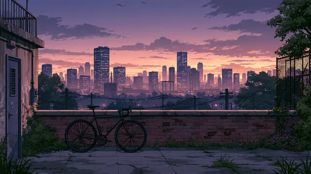 Rooftops at dusk · Moody cartoon 5 — free moody cartoon lofi background, rooftops at dusk