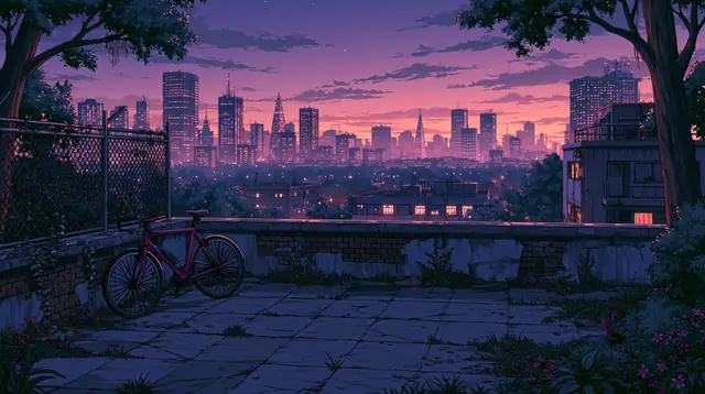 Rooftops at dusk · Moody cartoon 6 — free moody cartoon lofi background, rooftops at dusk