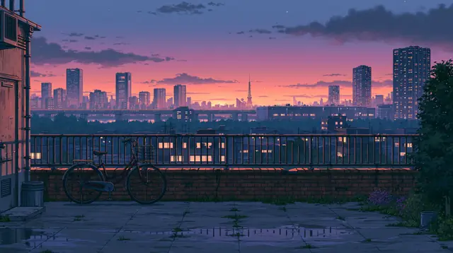 Rooftops at dusk · Moody cartoon 7 — free moody cartoon lofi background, rooftops at dusk