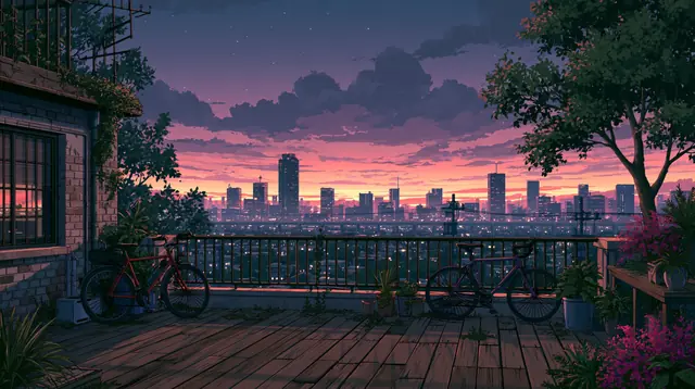Rooftops at dusk · Moody cartoon 8 — free moody cartoon lofi background, rooftops at dusk