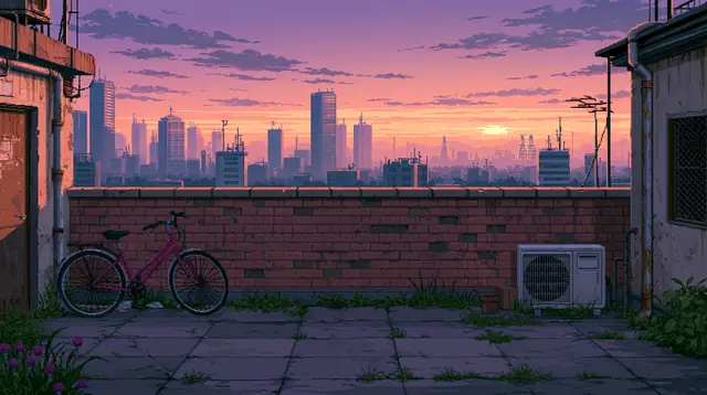 Rooftops at dusk · Pixel art 7 — free pixel art lofi background, rooftops at dusk
