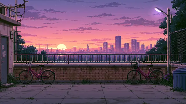 Rooftops at dusk · Pixel art 8 — free pixel art lofi background, rooftops at dusk